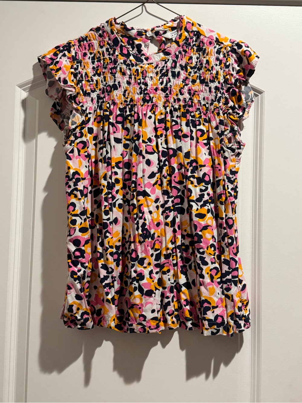 crown & ivy Pink Yellow Black Smocked Flutter Sleeve Blouse